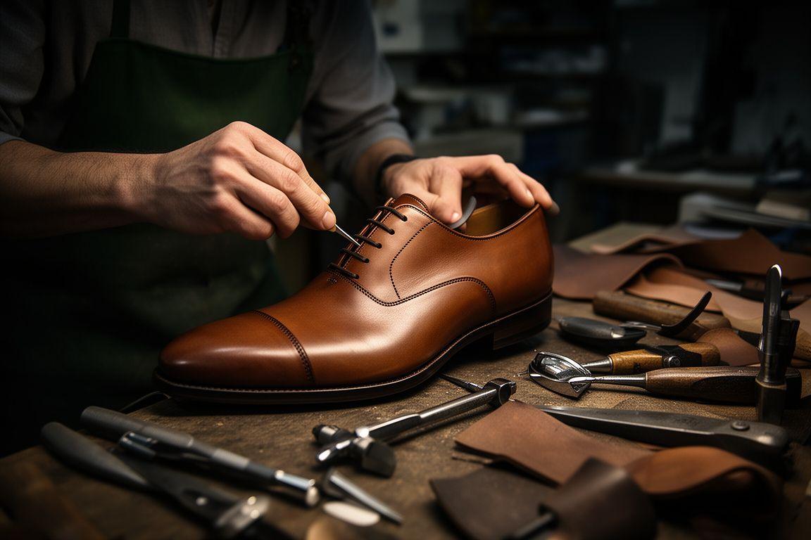 Handwerker in einer Zürcher Werkstatt, der massgefertigte Lederschuhe mit präzisen Werkzeugen am Arbeitstisch prüft