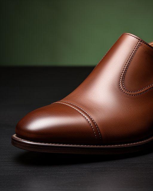 Handgefertigter Lederschuh auf dunklem Studiotisch mit feinen Nähte und mattem Glanz