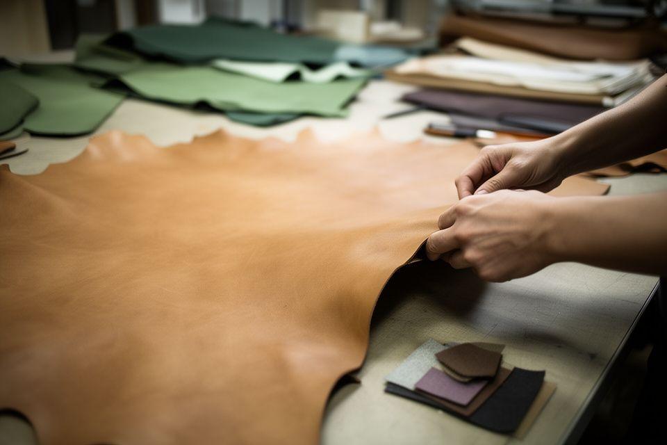 Hand auswählendes Kalbsleder auf einem Werkstatttisch mit Stoffmustern und Notizen