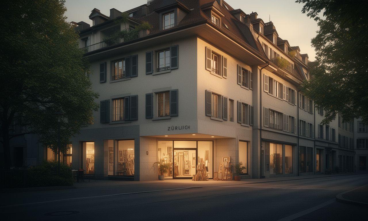Aussenansicht des Zürcher Ateliers mit ruhiger Strasse, Werkstattfenster und warmer Abendstimmung