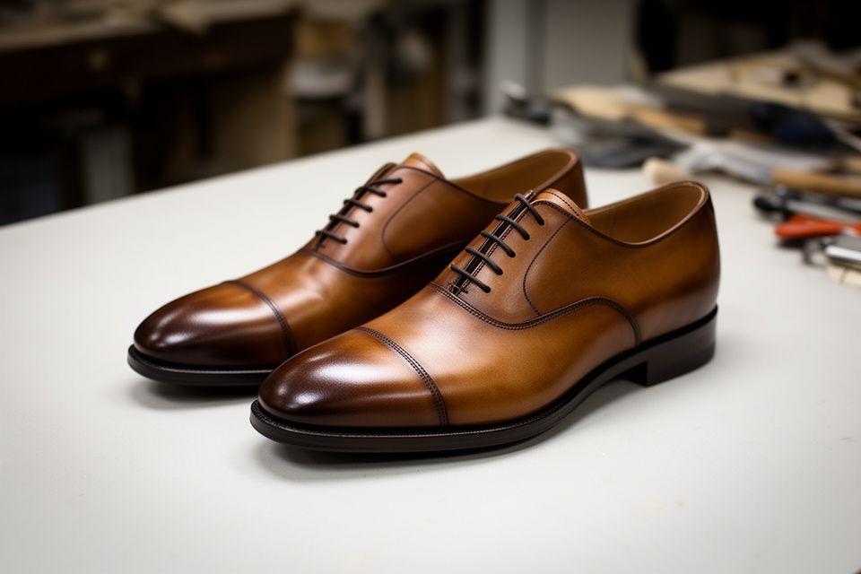 Fertiges Paar handgefertigter Schuhe mit sanftem Glanz auf einem hellen Werkstatttisch