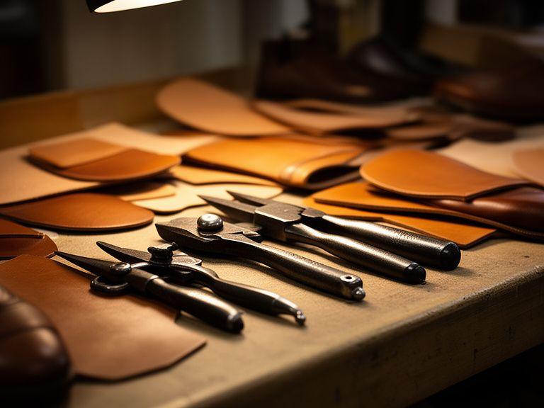 Detailaufnahme von handwerklichen Schuhwerkzeugen und Lederstücken auf einer warm beleuchteten Werkbank in Zürich