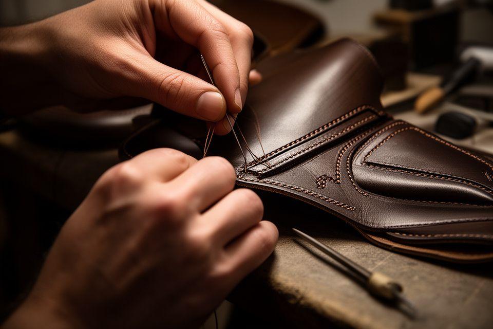Nahaufnahme von Händen beim Nähen feiner Lederschuhe an einer traditionellen Werkbank