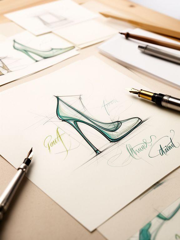 Kalligraphische Skizzen neben einem eleganten Schuhentwurf auf einem hellen Werkbrett